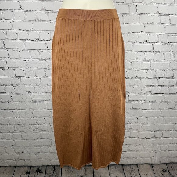 Free People Brown Ribbed Knit Stretch Boho Midi Straight Skirt Size Medium M - Picture 1 of 9